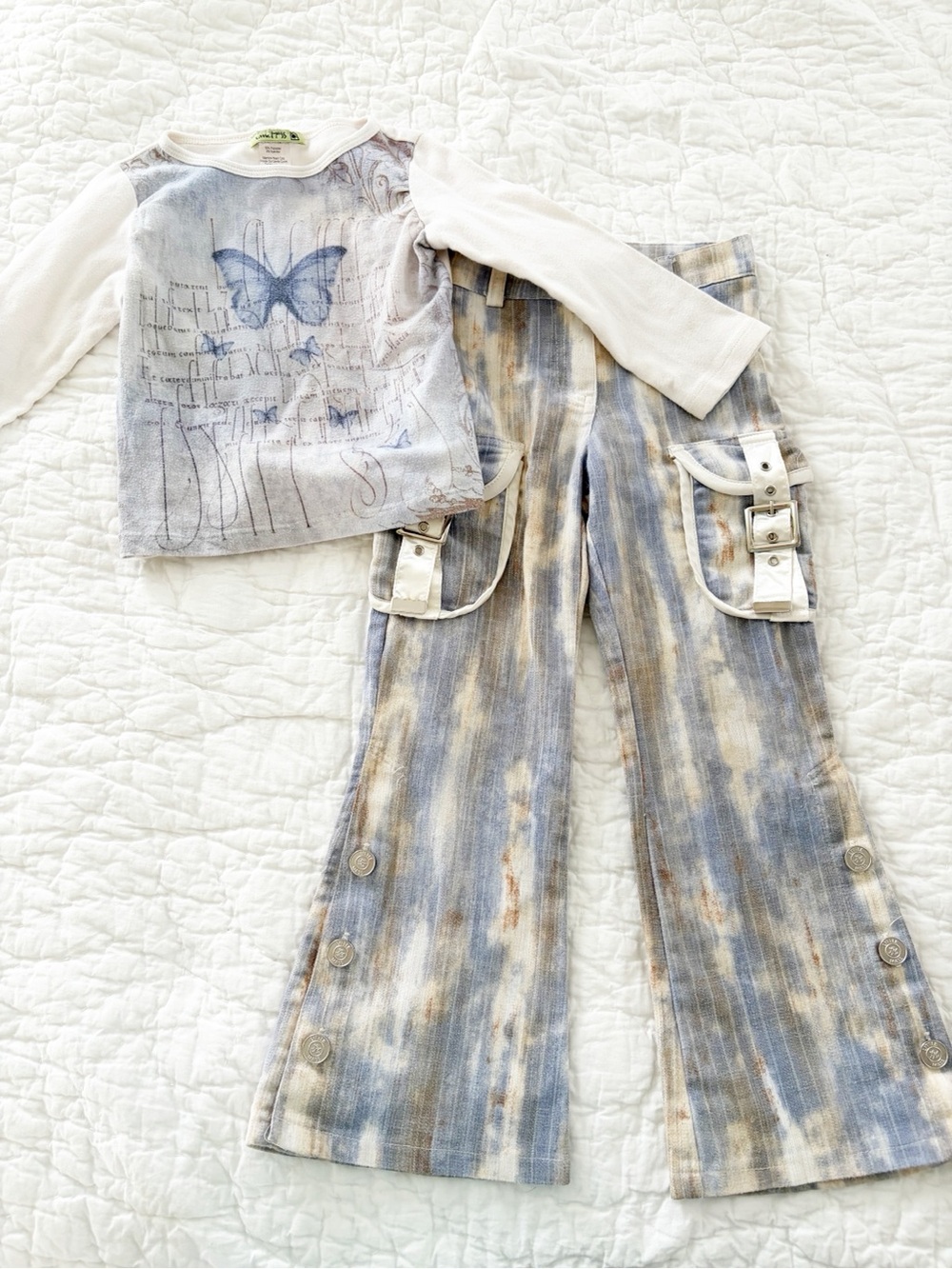 Little Mass forButterfly Graphic Long Sleeve Top and Washed Blue Cargo Pants Set